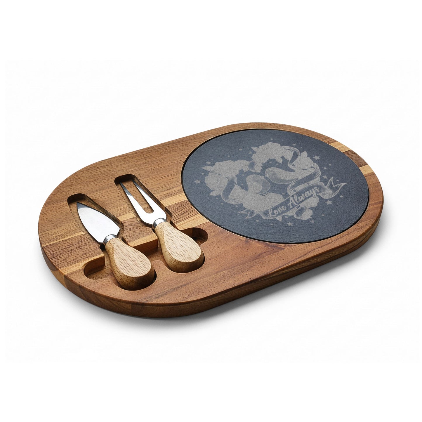 Engraved Acacia Charcuterie Board with Slate Insert — Love Always Heart Design