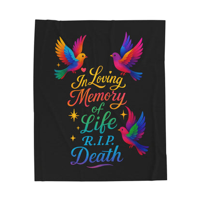 Memorial Velveteen Blanket — "In Loving Memory of Life R.I.P. Death" Rainbow Doves