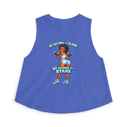 Fitness Crop Top — “10 Seconds is a Glare, 20 Seconds is a Stare” Cute Weightlifting Graphic
