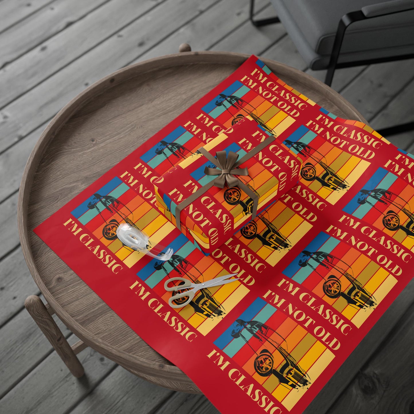 Wrapping Paper - Classic Car Design on Red (Gift Wrap)