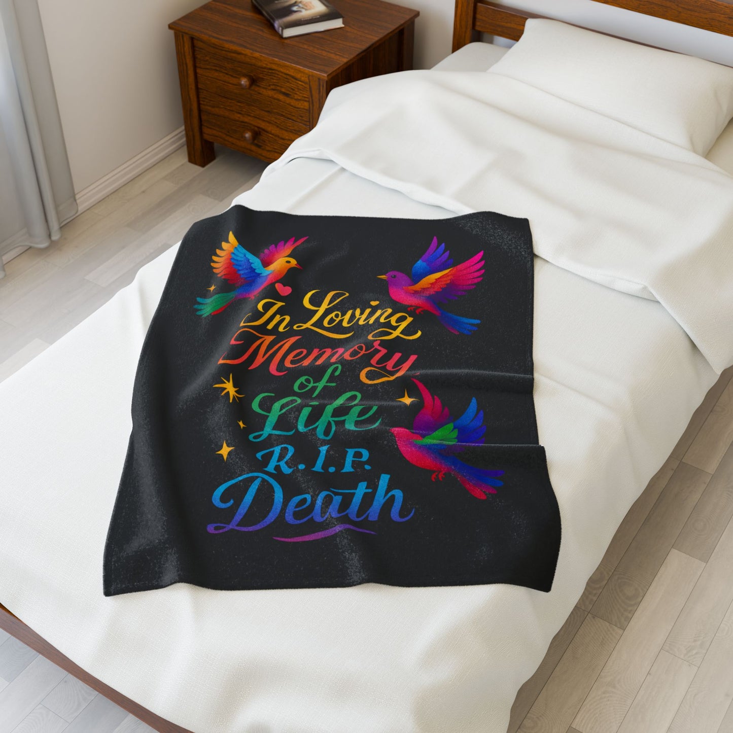 Memorial Velveteen Blanket — "In Loving Memory of Life R.I.P. Death" Rainbow Doves