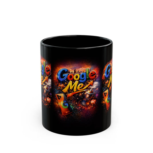 Black Mug — "Google Me" Retro Neon Logo Coffee Cup (11oz & 15oz)