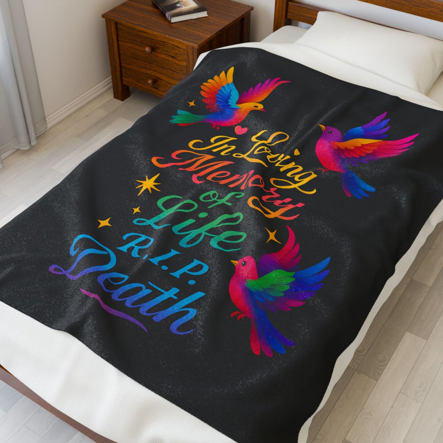 Memorial Velveteen Blanket — "In Loving Memory of Life R.I.P. Death" Rainbow Doves