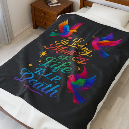 Memorial Velveteen Blanket — "In Loving Memory of Life R.I.P. Death" Rainbow Doves