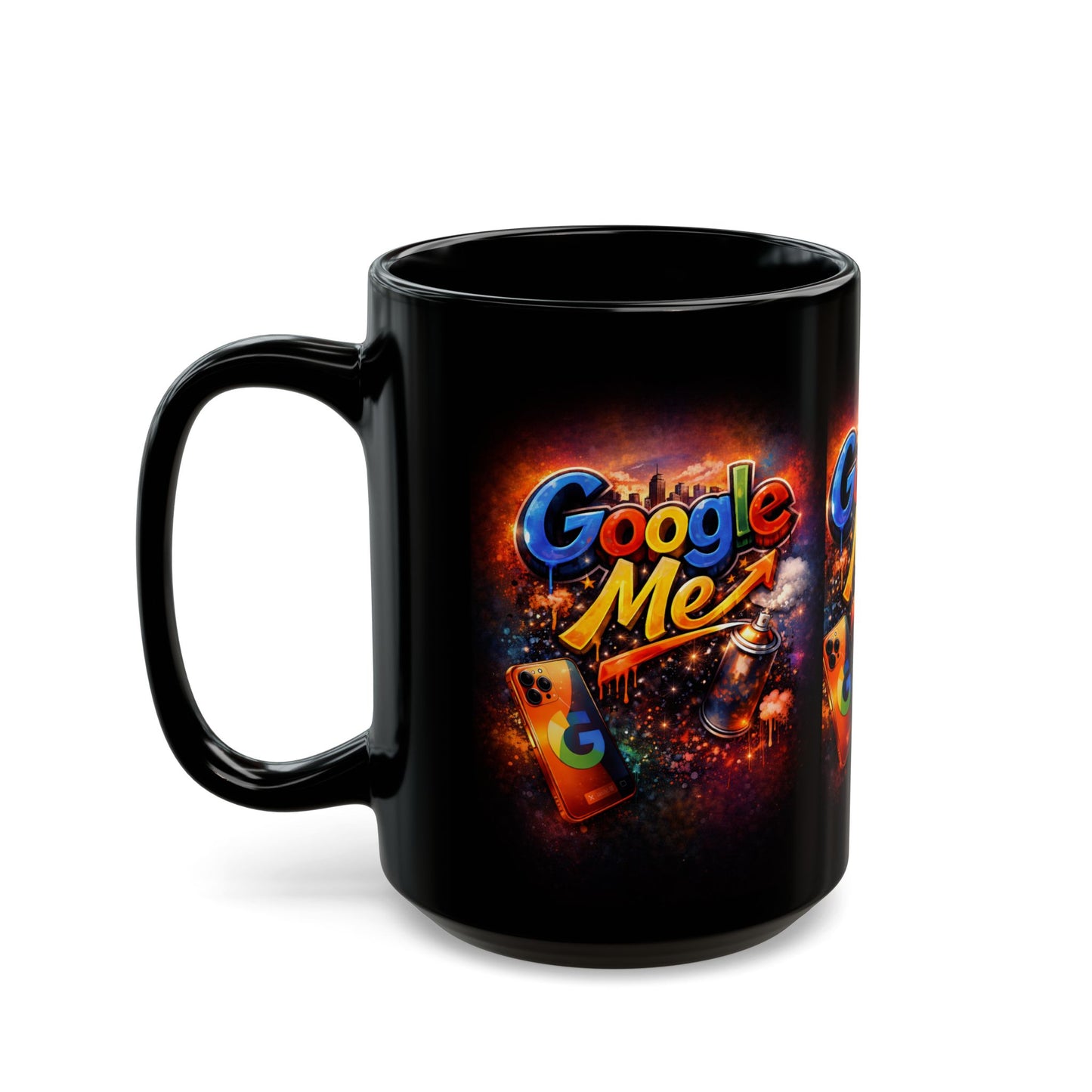 Black Mug — "Google Me" Retro Neon Logo Coffee Cup (11oz & 15oz)