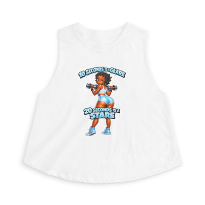 Fitness Crop Top — “10 Seconds is a Glare, 20 Seconds is a Stare” Cute Weightlifting Graphic
