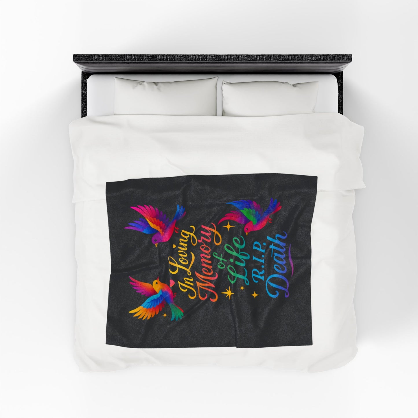 Memorial Velveteen Blanket — "In Loving Memory of Life R.I.P. Death" Rainbow Doves