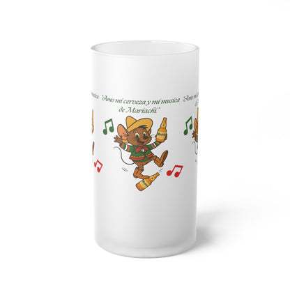 Frosted Beer Mug — Cute Dancing Mariachi Cat with "¡Amo mi cerveza y mi música de Mariachi!"