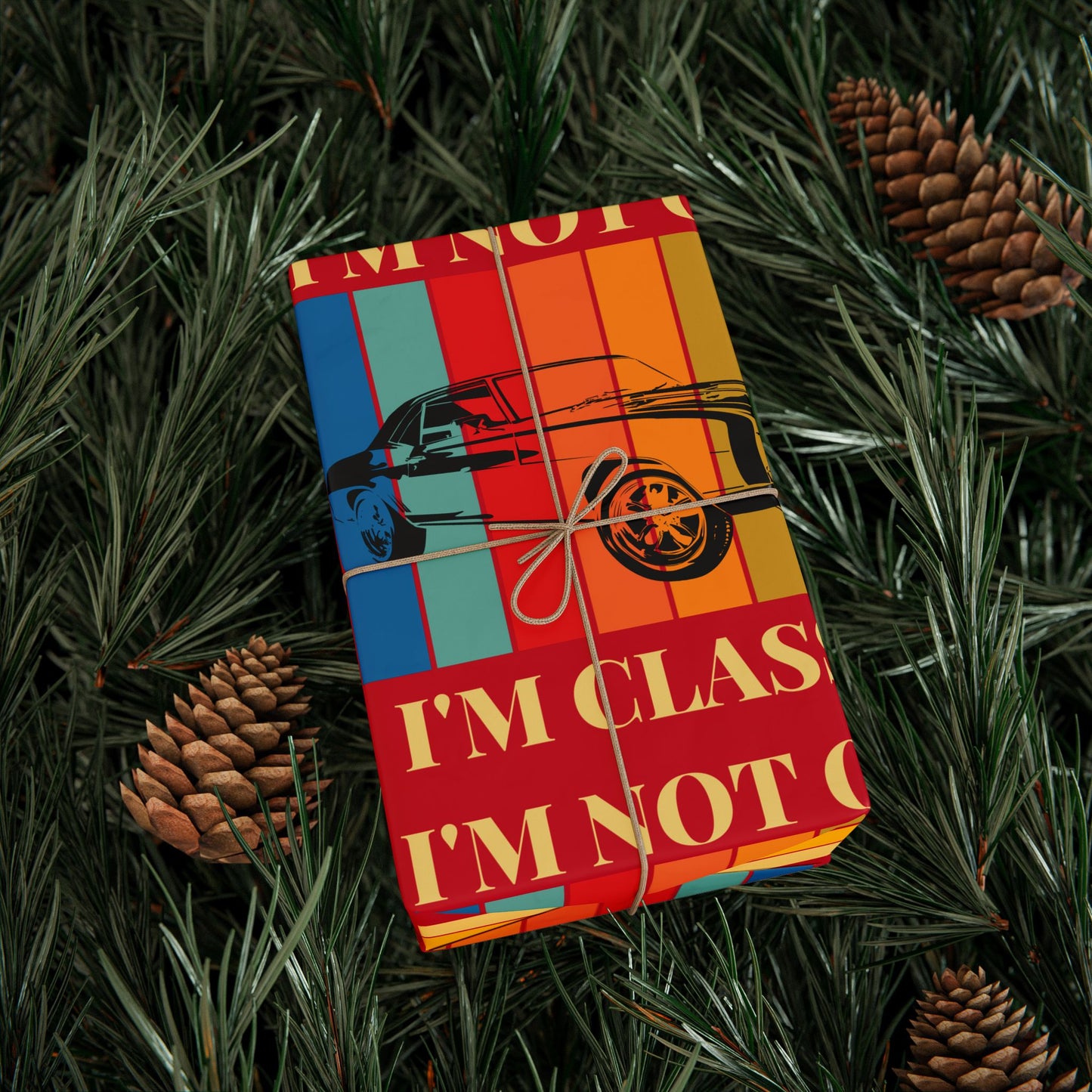 Wrapping Paper - Classic Car Design on Red (Gift Wrap)