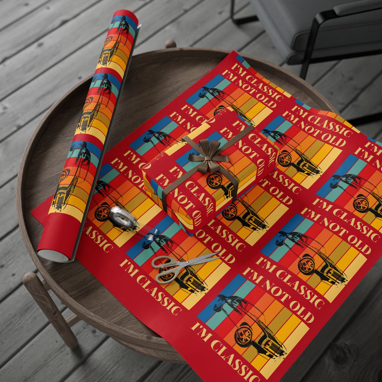 Wrapping Paper - Classic Car Design on Red (Gift Wrap)